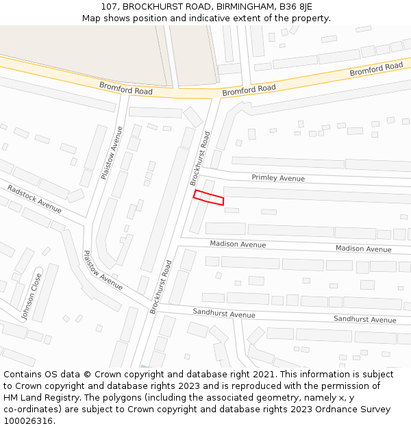107, BROCKHURST ROAD, BIRMINGHAM, B36 8JE: Location map and indicative extent of plot