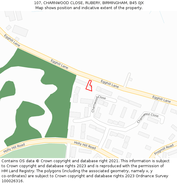 107, CHARNWOOD CLOSE, RUBERY, BIRMINGHAM, B45 0JX: Location map and indicative extent of plot