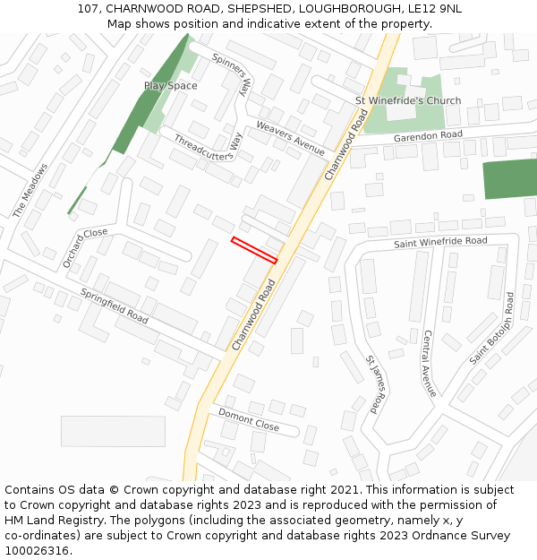107, CHARNWOOD ROAD, SHEPSHED, LOUGHBOROUGH, LE12 9NL: Location map and indicative extent of plot
