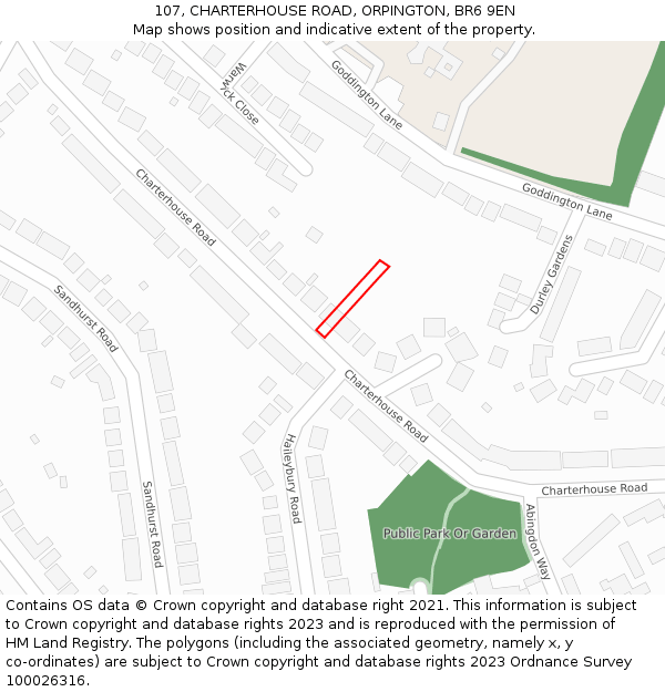 107, CHARTERHOUSE ROAD, ORPINGTON, BR6 9EN: Location map and indicative extent of plot