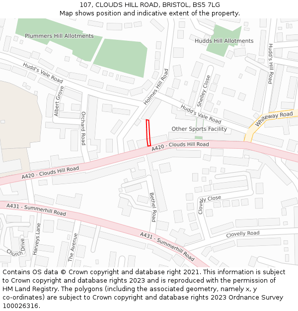 107, CLOUDS HILL ROAD, BRISTOL, BS5 7LG: Location map and indicative extent of plot