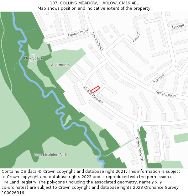 107, COLLINS MEADOW, HARLOW, CM19 4EL: Location map and indicative extent of plot