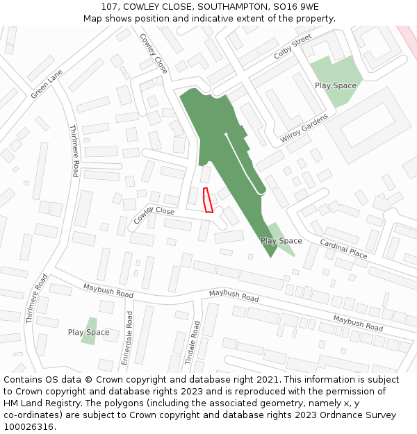 107, COWLEY CLOSE, SOUTHAMPTON, SO16 9WE: Location map and indicative extent of plot