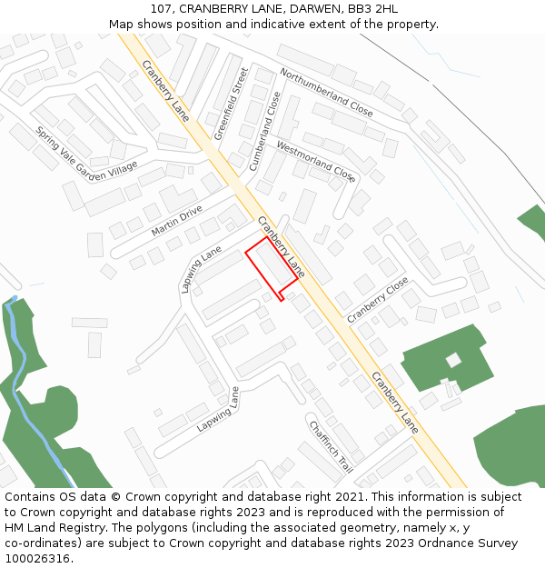 107, CRANBERRY LANE, DARWEN, BB3 2HL: Location map and indicative extent of plot