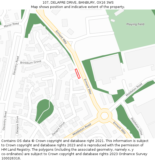 107, DELAPRE DRIVE, BANBURY, OX16 3WS: Location map and indicative extent of plot