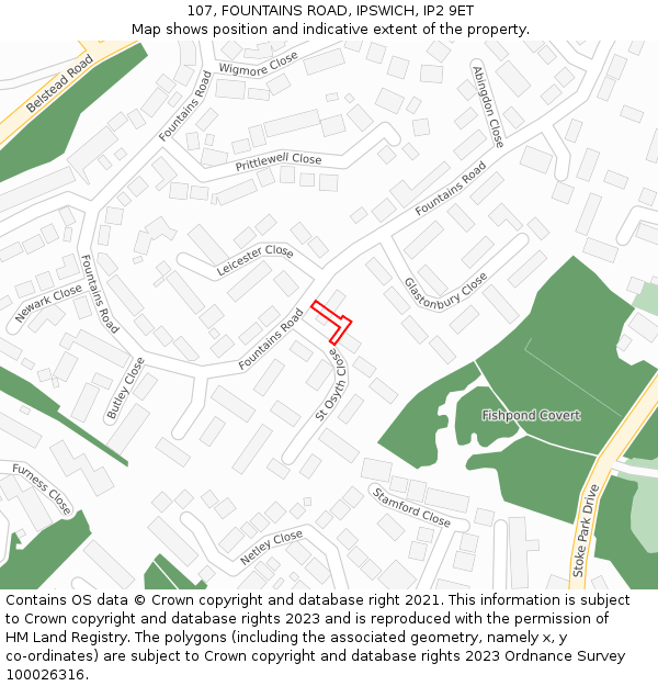 107, FOUNTAINS ROAD, IPSWICH, IP2 9ET: Location map and indicative extent of plot