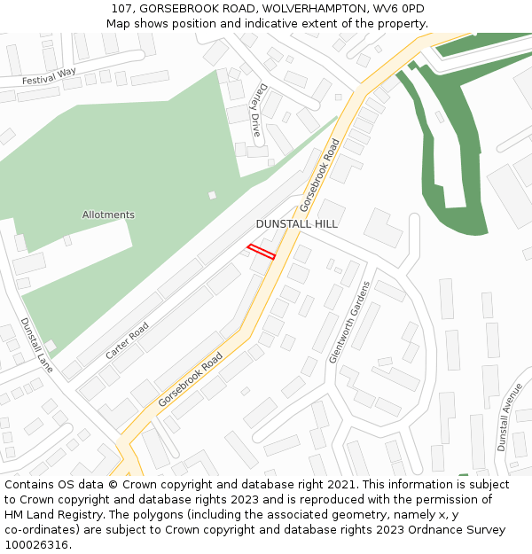 107, GORSEBROOK ROAD, WOLVERHAMPTON, WV6 0PD: Location map and indicative extent of plot