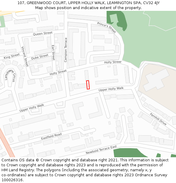 107, GREENWOOD COURT, UPPER HOLLY WALK, LEAMINGTON SPA, CV32 4JY: Location map and indicative extent of plot