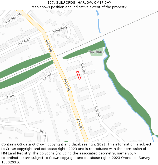 107, GUILFORDS, HARLOW, CM17 0HY: Location map and indicative extent of plot