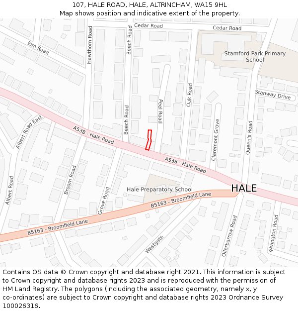 107, HALE ROAD, HALE, ALTRINCHAM, WA15 9HL: Location map and indicative extent of plot