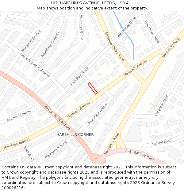 107, HAREHILLS AVENUE, LEEDS, LS8 4HU: Location map and indicative extent of plot