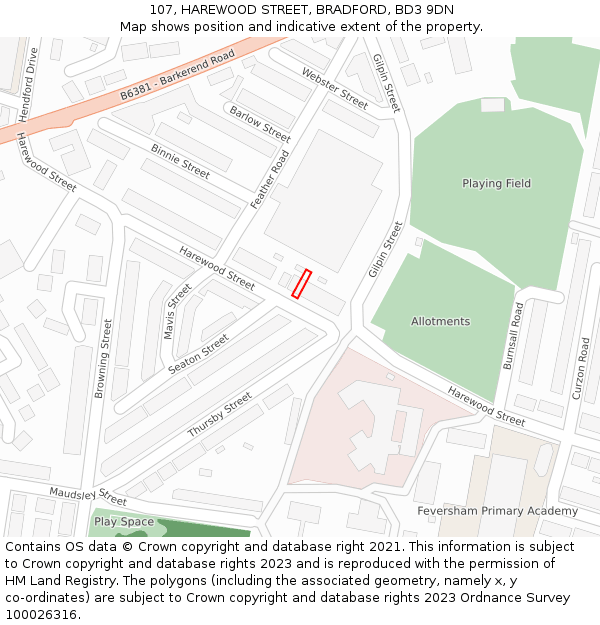 107, HAREWOOD STREET, BRADFORD, BD3 9DN: Location map and indicative extent of plot