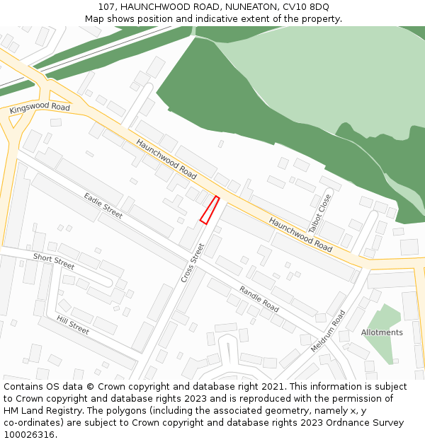 107, HAUNCHWOOD ROAD, NUNEATON, CV10 8DQ: Location map and indicative extent of plot