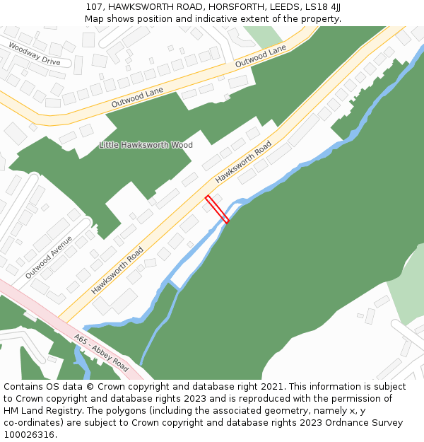 107, HAWKSWORTH ROAD, HORSFORTH, LEEDS, LS18 4JJ: Location map and indicative extent of plot