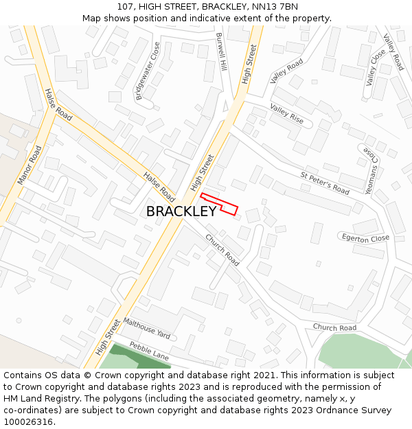 107, HIGH STREET, BRACKLEY, NN13 7BN: Location map and indicative extent of plot
