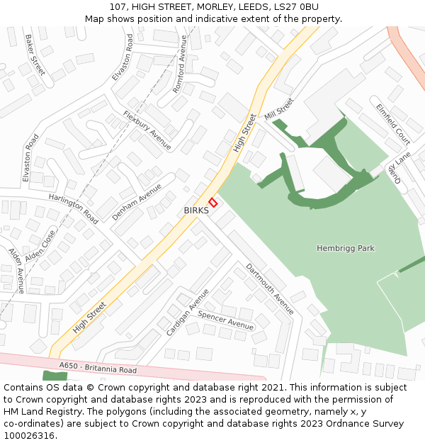 107, HIGH STREET, MORLEY, LEEDS, LS27 0BU: Location map and indicative extent of plot
