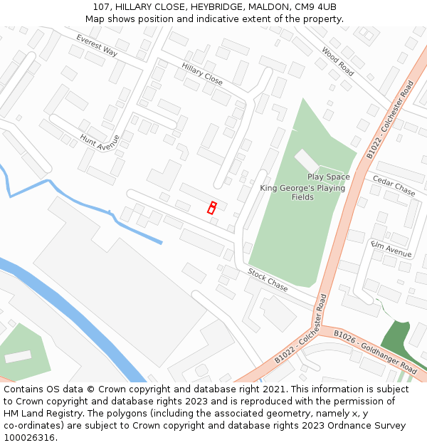 107, HILLARY CLOSE, HEYBRIDGE, MALDON, CM9 4UB: Location map and indicative extent of plot