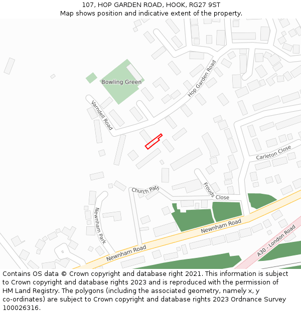 107, HOP GARDEN ROAD, HOOK, RG27 9ST: Location map and indicative extent of plot
