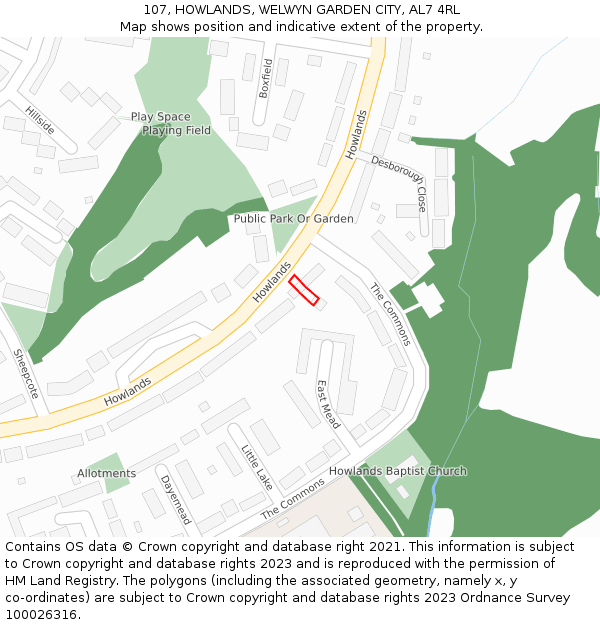 107, HOWLANDS, WELWYN GARDEN CITY, AL7 4RL: Location map and indicative extent of plot
