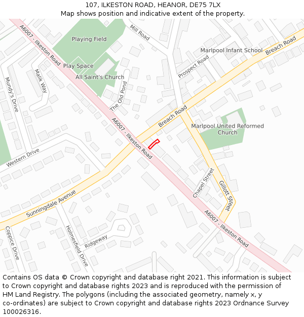 107, ILKESTON ROAD, HEANOR, DE75 7LX: Location map and indicative extent of plot