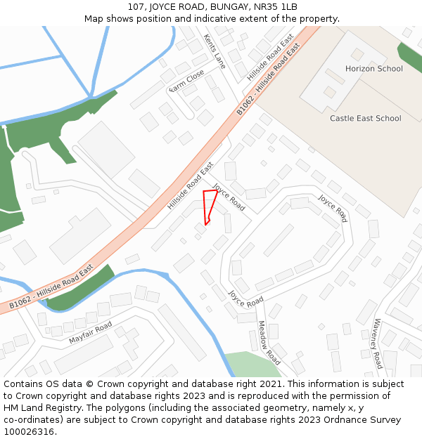 107, JOYCE ROAD, BUNGAY, NR35 1LB: Location map and indicative extent of plot