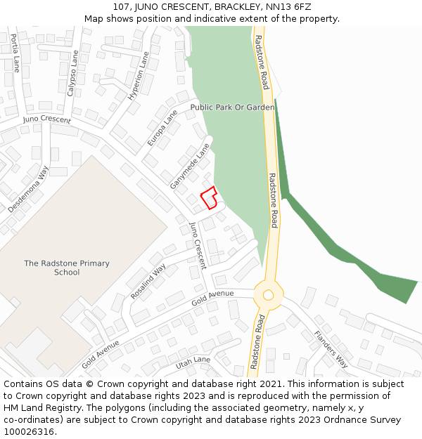 107, JUNO CRESCENT, BRACKLEY, NN13 6FZ: Location map and indicative extent of plot