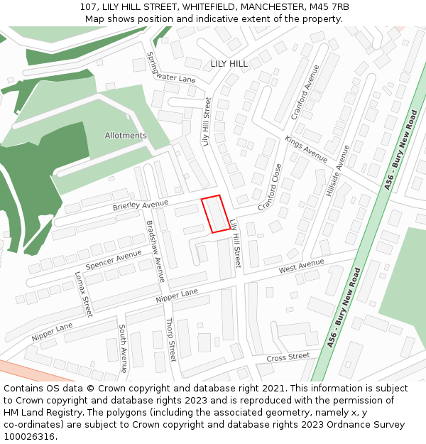 107, LILY HILL STREET, WHITEFIELD, MANCHESTER, M45 7RB: Location map and indicative extent of plot