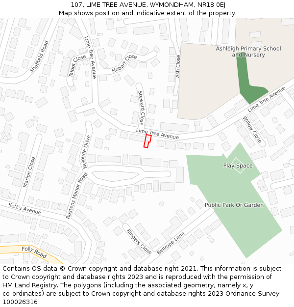 107, LIME TREE AVENUE, WYMONDHAM, NR18 0EJ: Location map and indicative extent of plot