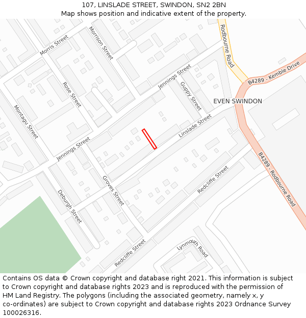 107, LINSLADE STREET, SWINDON, SN2 2BN: Location map and indicative extent of plot