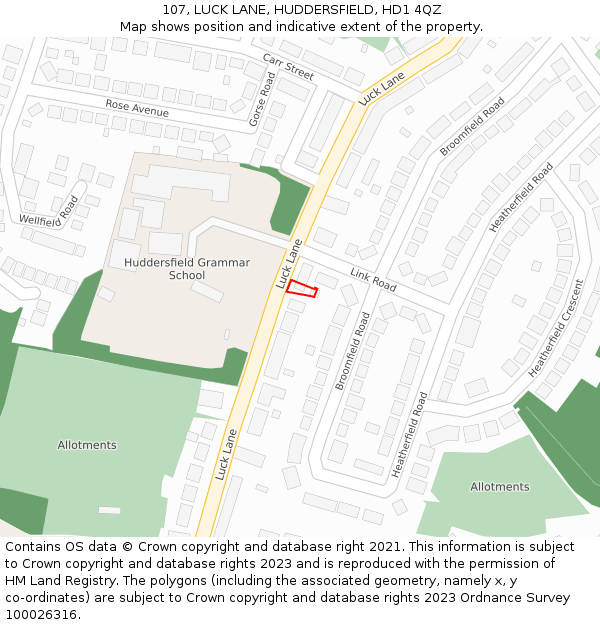 107, LUCK LANE, HUDDERSFIELD, HD1 4QZ: Location map and indicative extent of plot