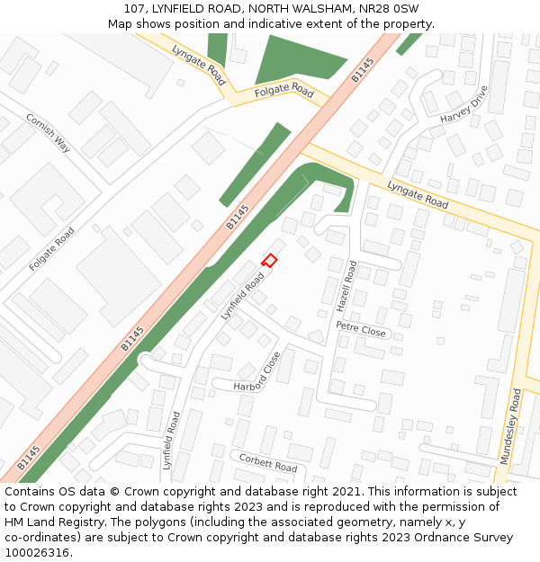 107, LYNFIELD ROAD, NORTH WALSHAM, NR28 0SW: Location map and indicative extent of plot