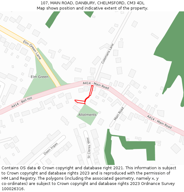 107, MAIN ROAD, DANBURY, CHELMSFORD, CM3 4DL: Location map and indicative extent of plot