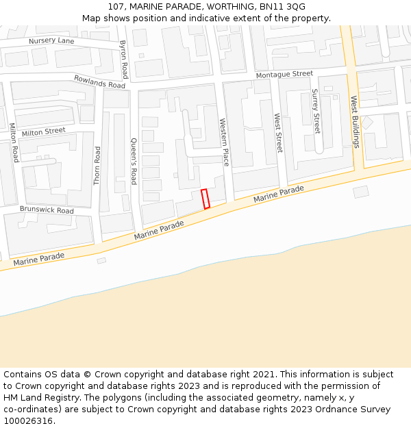 107, MARINE PARADE, WORTHING, BN11 3QG: Location map and indicative extent of plot