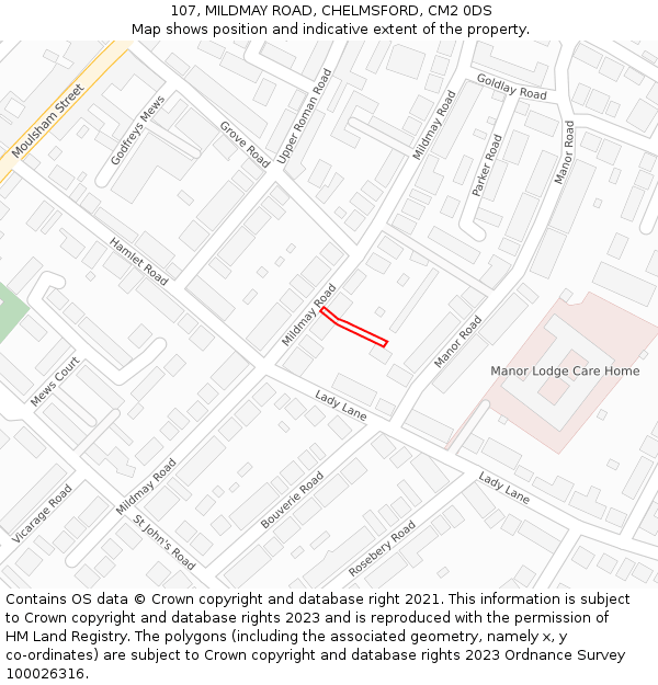 107, MILDMAY ROAD, CHELMSFORD, CM2 0DS: Location map and indicative extent of plot