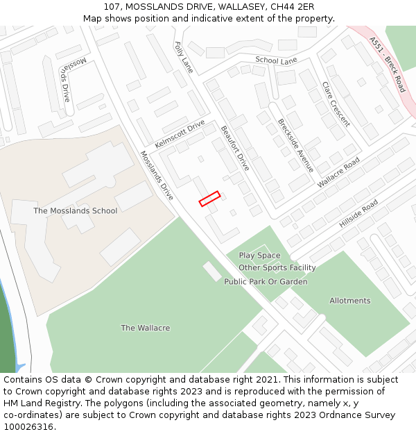 107, MOSSLANDS DRIVE, WALLASEY, CH44 2ER: Location map and indicative extent of plot