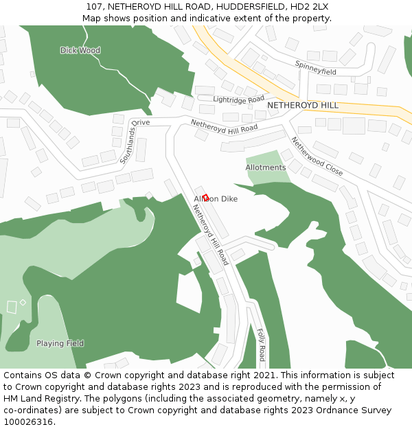 107, NETHEROYD HILL ROAD, HUDDERSFIELD, HD2 2LX: Location map and indicative extent of plot