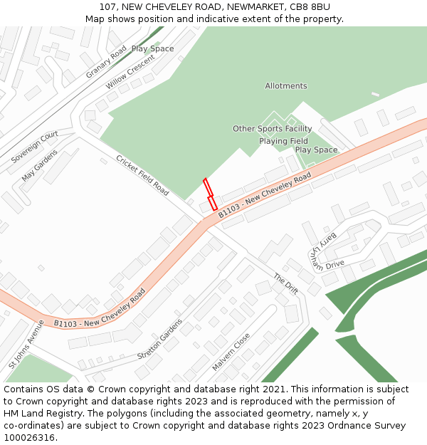 107, NEW CHEVELEY ROAD, NEWMARKET, CB8 8BU: Location map and indicative extent of plot