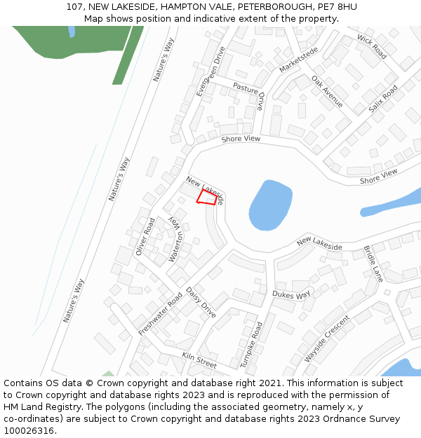 107, NEW LAKESIDE, HAMPTON VALE, PETERBOROUGH, PE7 8HU: Location map and indicative extent of plot