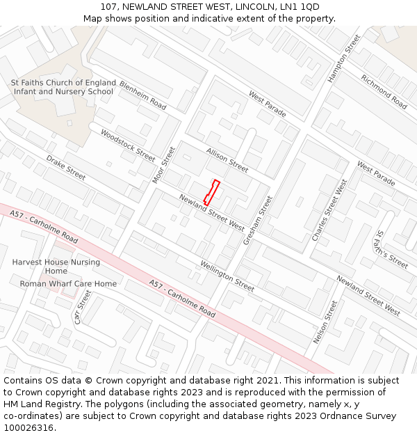 107, NEWLAND STREET WEST, LINCOLN, LN1 1QD: Location map and indicative extent of plot