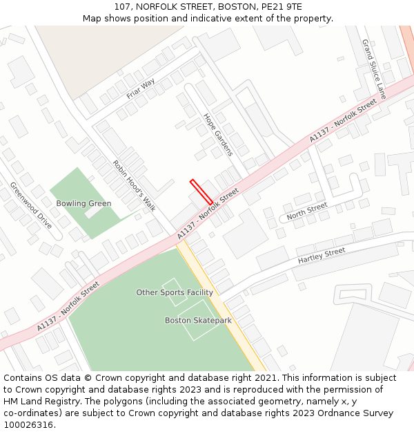 107, NORFOLK STREET, BOSTON, PE21 9TE: Location map and indicative extent of plot