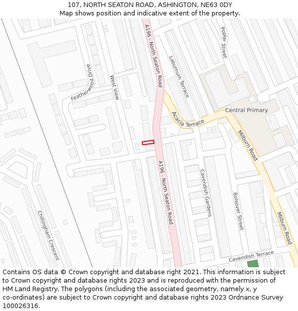107, NORTH SEATON ROAD, ASHINGTON, NE63 0DY: Location map and indicative extent of plot