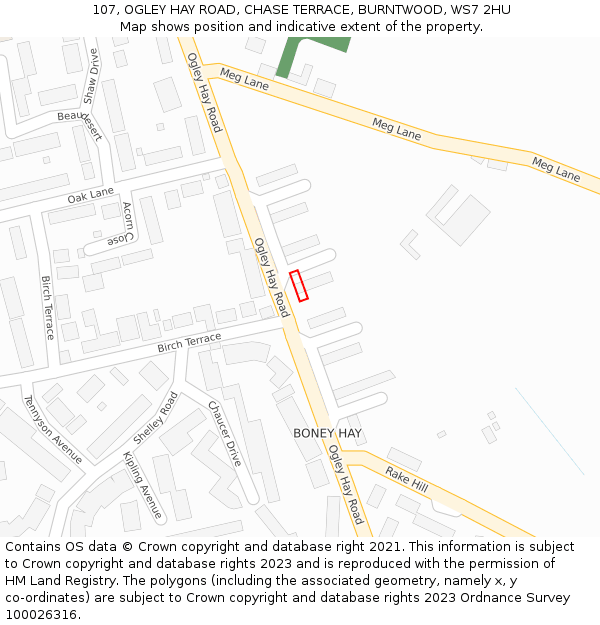 107, OGLEY HAY ROAD, CHASE TERRACE, BURNTWOOD, WS7 2HU: Location map and indicative extent of plot