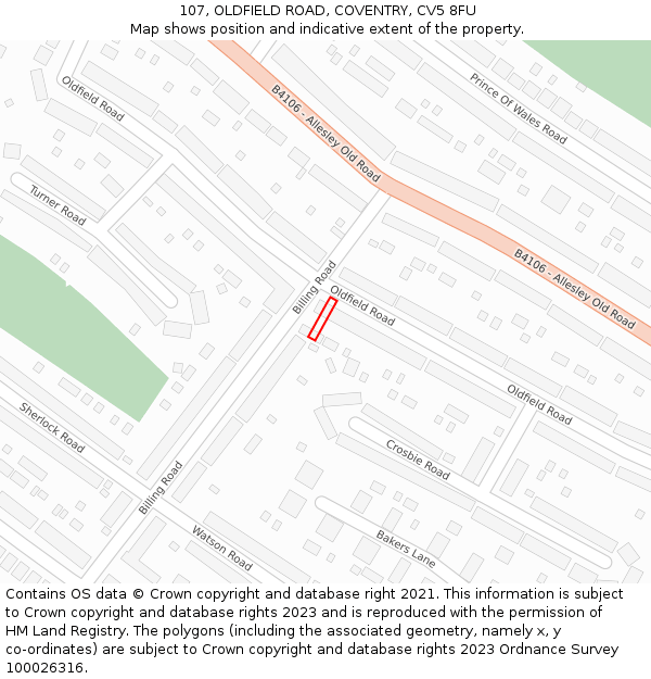 107, OLDFIELD ROAD, COVENTRY, CV5 8FU: Location map and indicative extent of plot