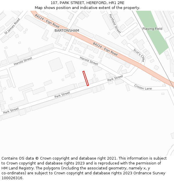 107, PARK STREET, HEREFORD, HR1 2RE: Location map and indicative extent of plot