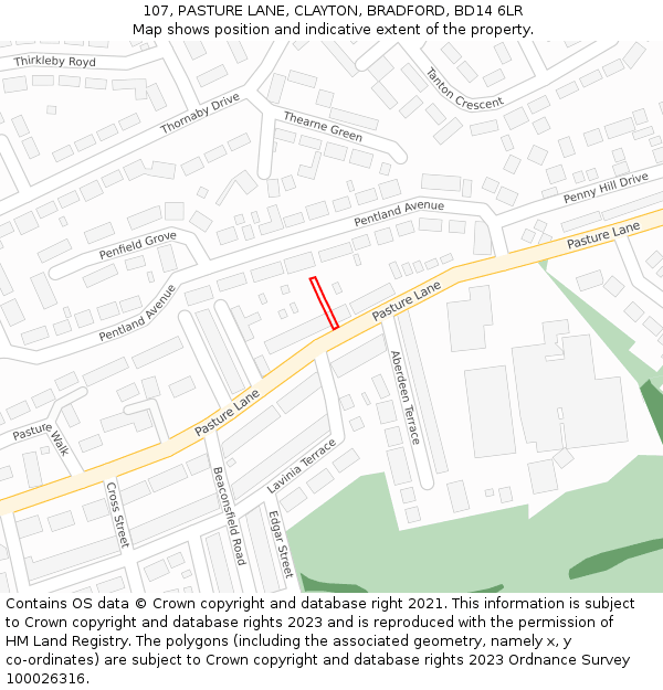 107, PASTURE LANE, CLAYTON, BRADFORD, BD14 6LR: Location map and indicative extent of plot