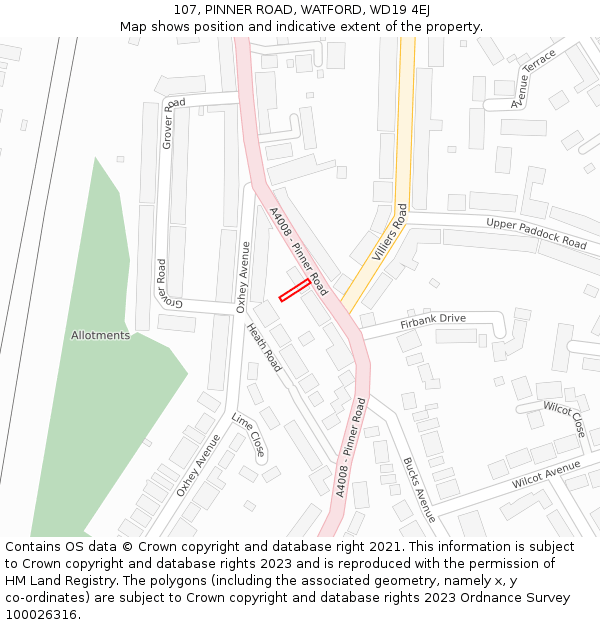 107, PINNER ROAD, WATFORD, WD19 4EJ: Location map and indicative extent of plot