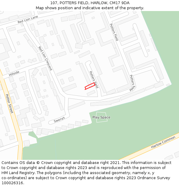 107, POTTERS FIELD, HARLOW, CM17 9DA: Location map and indicative extent of plot