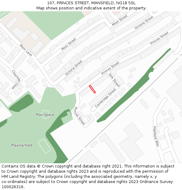 107, PRINCES STREET, MANSFIELD, NG18 5SL: Location map and indicative extent of plot