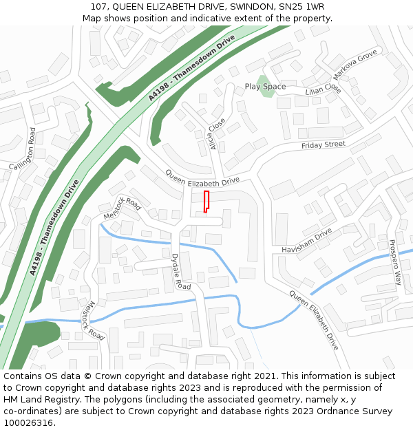 107, QUEEN ELIZABETH DRIVE, SWINDON, SN25 1WR: Location map and indicative extent of plot