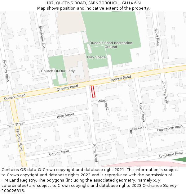 107, QUEENS ROAD, FARNBOROUGH, GU14 6JN: Location map and indicative extent of plot